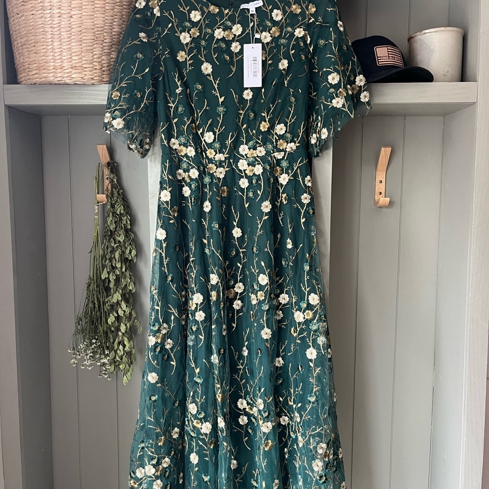 Baltic Born Green Dress with Gold Floral Embroidery